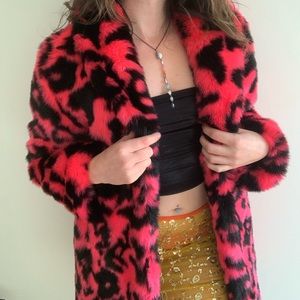 Neon Pink Leopard Collared Faux Fur Coat - Women’s